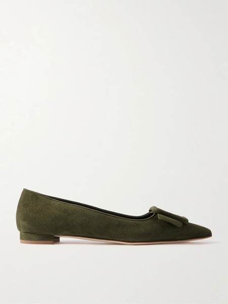  Manolo Blahnik Manolo Blahnik - Maysale Buckled Suede Point-toe Flats - Army Green 