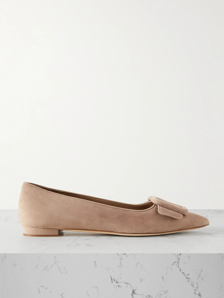  Manolo Blahnik Manolo Blahnik - Maysale Buckled Suede Point-toe Flats - Taupe 