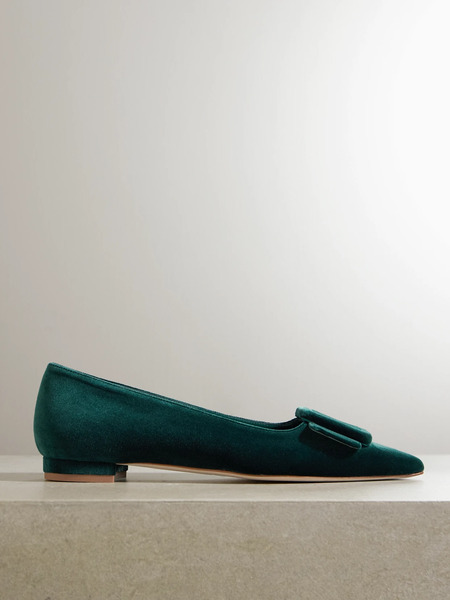  Manolo Blahnik Manolo Blahnik - Maysale Velvet Pointed-toe Flats - Dark Green 