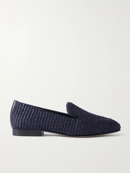 Manolo Blahnik Manolo Blahnik - Pitakara Leather-trimmed Raffia Loafers - Navy 