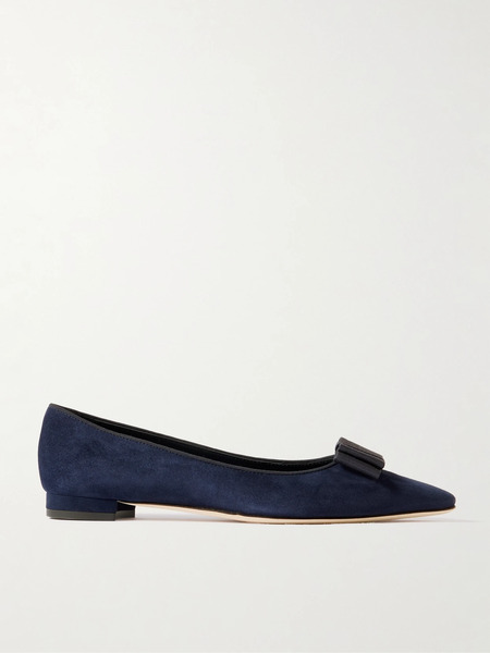 Manolo Blahnik Manolo Blahnik - Reador 10 Bow-detailed Suede Point-toe Flats - Navy 
