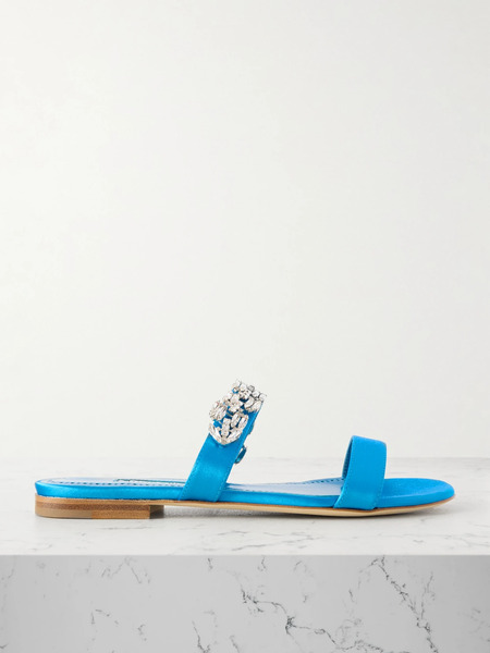  Manolo Blahnik Manolo Blahnik - Sakota Crystal-embellished Satin Flats - Light Blue 