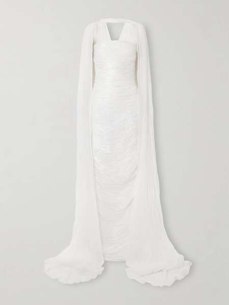  Marmar Halim Marmar Halim - Cape-effect Metallic Plissé-taffeta Gown - White 