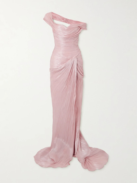  Marmar Halim Marmar Halim - Off-the-shoulder Draped Metallic Plissé-taffeta Gown - Pink 