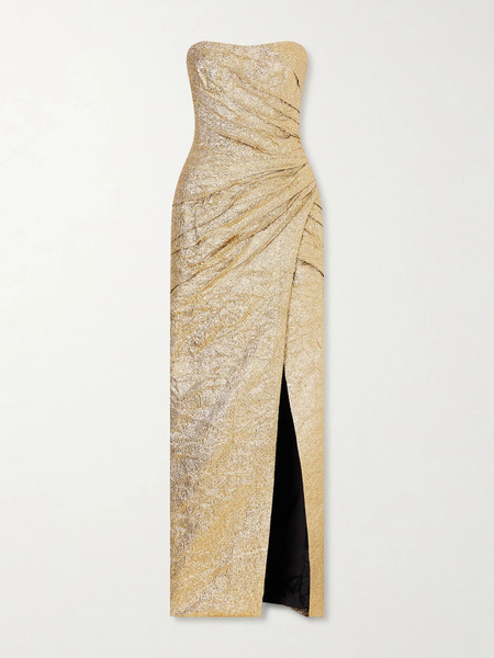  Marmar Halim Marmar Halim - Pleated Crinkled Lamé Gown - Gold 