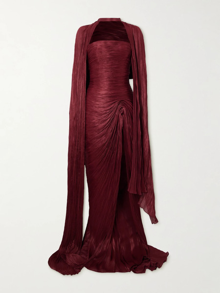  Marmar Halim Marmar Halim - Strapless Plissé Silk-satin Gown And Cape - Burgundy 