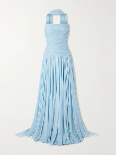  Marmar Halim Marmar Halim - Strapless Scarf-detailed Plissé Silk-georgette Gown - Light Blue 