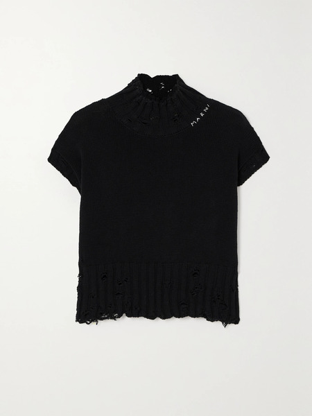  Marni Marni - Cropped Distressed Embroidered Cotton Turtleneck Vest - Black 