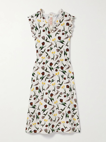  Marni Marni - Ruffled Printed Crepe Midi Dress - White 