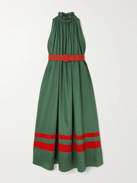  Marta Ferri Marta Ferri - Camogli Belted Ruched Grosgrain-trimmed Cotton-poplin Halterneck Midi Dress - Dark Green 