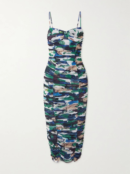  Mary Katrantzou Mary Katrantzou - Ruched Printed Stretch-tulle Midi Dress - Blue 