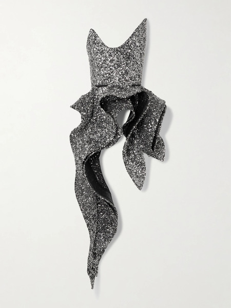  Maticevski Maticevski - Indiscreet Wave Strapless Asymmetric Ruffled Sequined Tulle Top - Silver 
