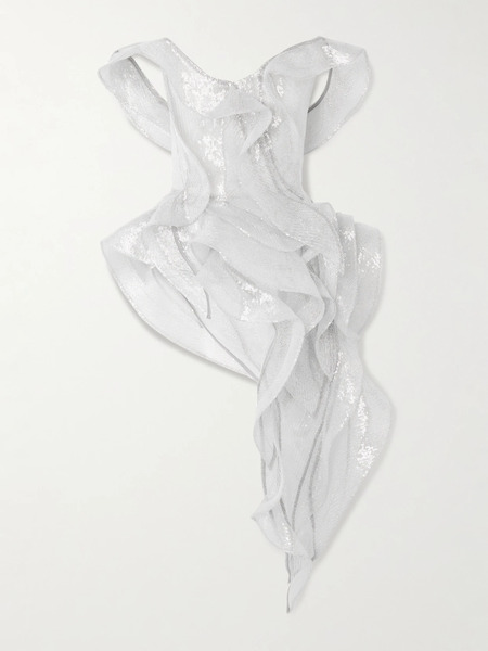  Maticevski Maticevski - Liora Wave Asymmetric Ruffled Sequined Mesh Top - Off-white 