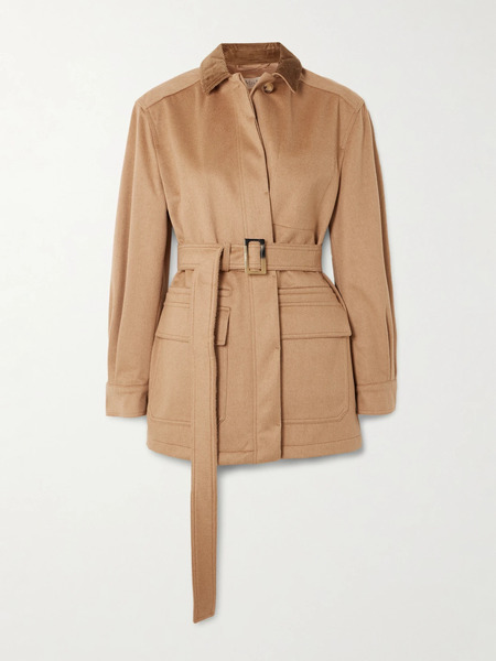  Max Mara Max Mara - Leva Belted Corduroy-trimmed Camel Hair Jacket - Uk 8 