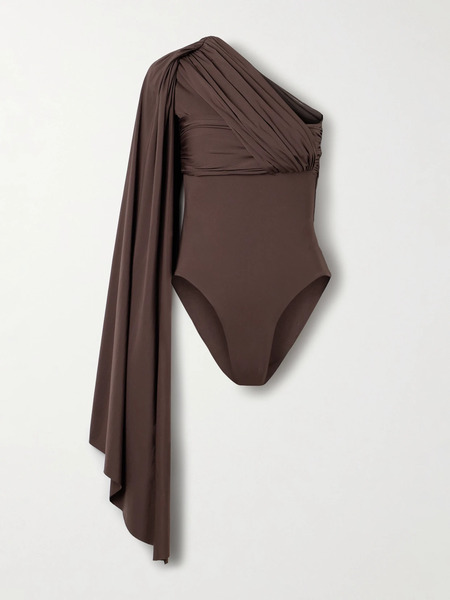  Maygel Coronel Maygel Coronel - Burano One-shoulder Cape-effect Gathered Draped Stretch-jersey Bodysuit - Chocolate 