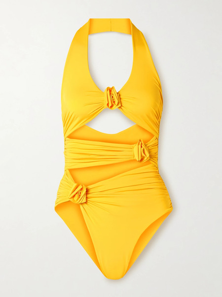  Maygel Coronel Maygel Coronel - Cipria Cutout Appliquéd Ruched Swimsuit - Yellow 