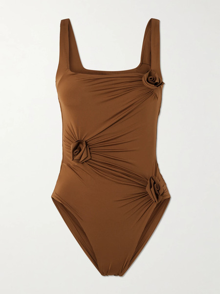  Maygel Coronel Maygel Coronel - Gemma Appliquéd Ruched Swimsuit - Brown 