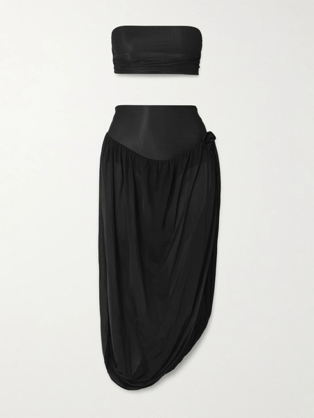  Maygel Coronel Maygel Coronel - Noregia Ruched Draped Appliquéd Stretch-jersey Strapless Top And Midi Skirt Set - Black 