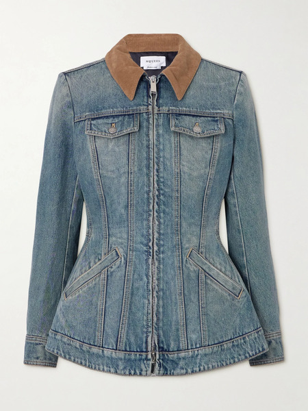  Mcqueen Mcqueen - Corduroy-trimmed Denim Peplum Jacket - Indigo 