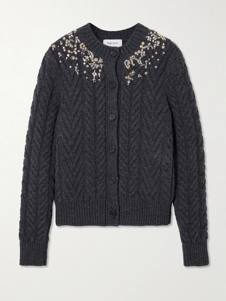  Mcqueen Mcqueen - Crystal-embellished Cable-knit Wool And Cashmere-blend Cardigan - Dark Gray 