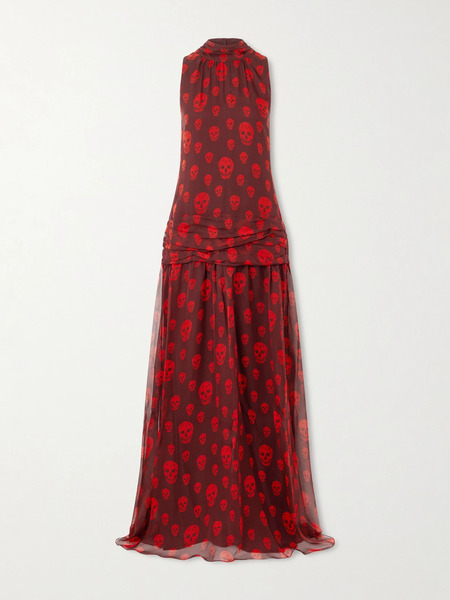  Mcqueen Mcqueen - Draped Pleated Printed Silk-chiffon Halterneck Maxi Dress - Red 