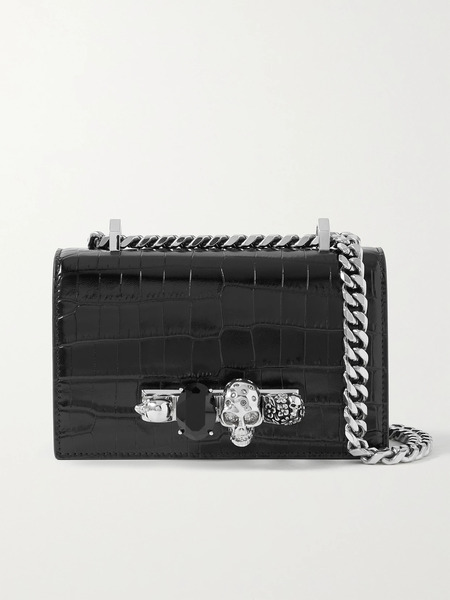  Mcqueen Mcqueen - Jewelled Satchel Embellished Croc-effect Leather Shoulder Bag - Black 