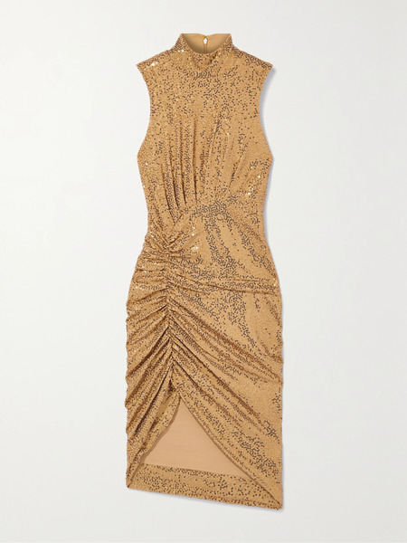  Michael Kors Collection Michael Kors Collection - Ruched Sequined Crepe Midi Dress - Tan 