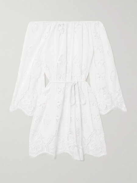  Miguelina Miguelina - Brigette Off-the Shoulder Belted Lace-trimmed Embroidered Cotton-voile Mini Dress - White 