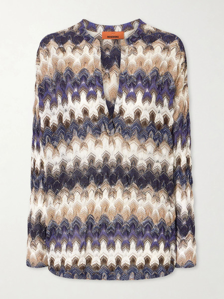  Missoni Missoni - Striped Metallic Crochet-knit Blouse - Blue 