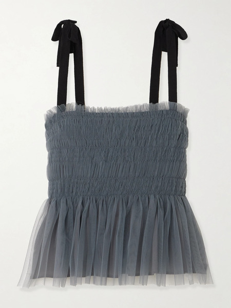  Molly Goddard Molly Goddard - Lydia Shirred Grosgrain-trimmed Tulle Top - Gray 
