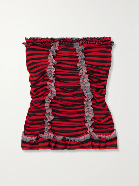  Molly Goddard Molly Goddard - Tracey Strapless Ruffled Striped Tulle Top - Red 