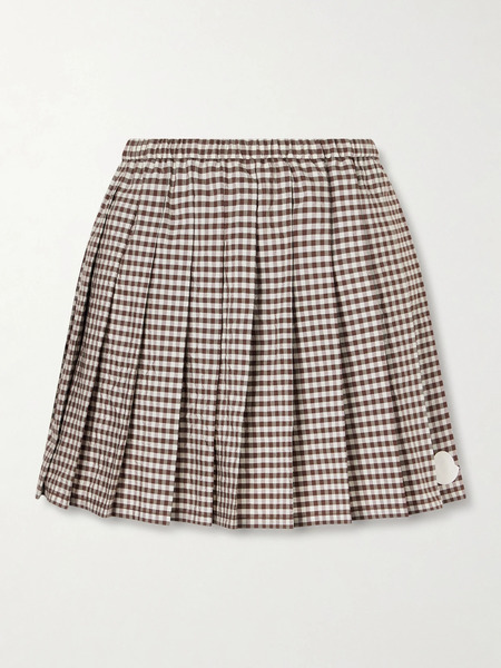  Moncler Moncler - Appliquéd Pleated Gingham Cotton-blend Mini Skirt - Brown 