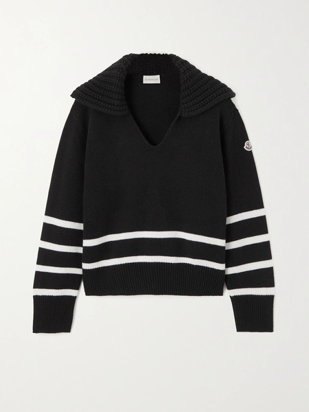  Moncler Moncler - Appliquéd Striped Wool And Cashmere-blend Sweater - Black 