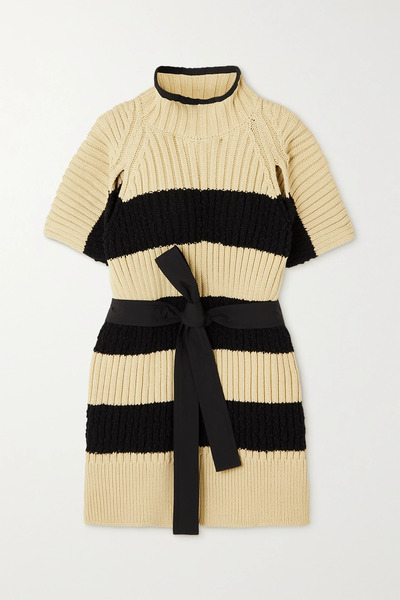  Moncler Genius Moncler Genius - Belted Striped Ribbed Cotton-blend Poncho - Ivory 
