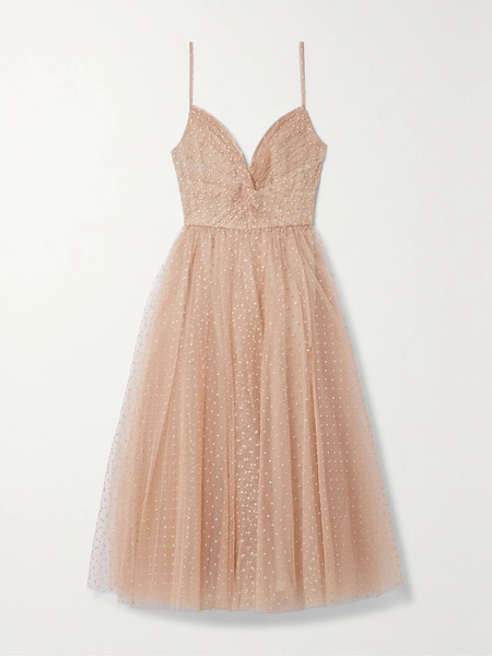  Monique Lhuillier Monique Lhuillier - Gathered Glittered Tulle Midi Dress - Sand 