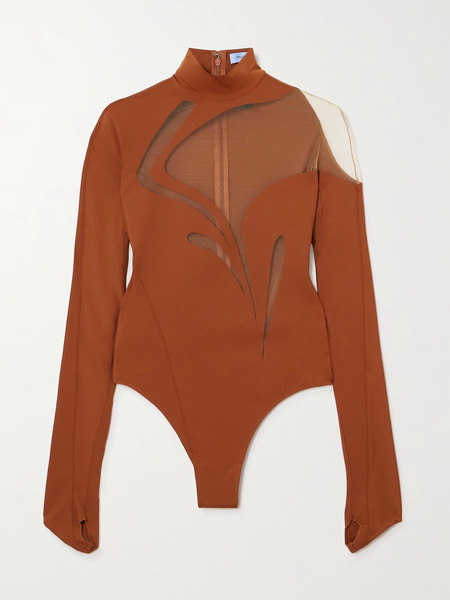  Mugler Mugler - Stretch-jersey And Tulle Bodysuit - Brown 