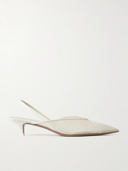  Neous Neous - Irena Satin And Lace-trimmed Mesh Slingback Pumps - Cream 