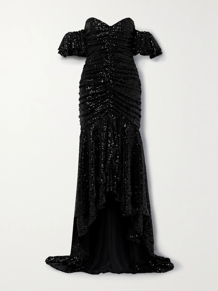  Nervi Nervi - Crown Off-the-shoulder Asymmetric Ruched Sequined Tulle Gown - Black 