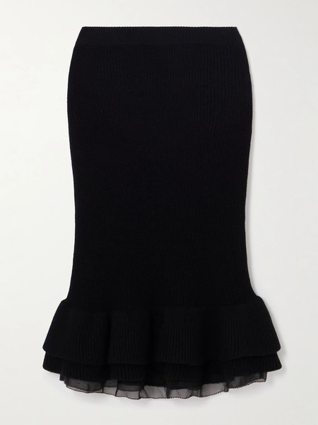  Nina Ricci Nina Ricci - Layered Ruffled Tulle-trimmed Ribbed Wool-blend Midi Skirt - Black 