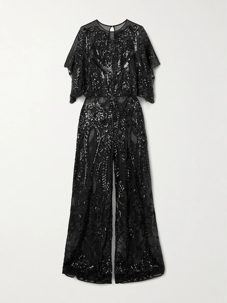  Norma Kamali Norma Kamali - Obi Sequined Chiffon Wide-leg Jumpsuit - Black 