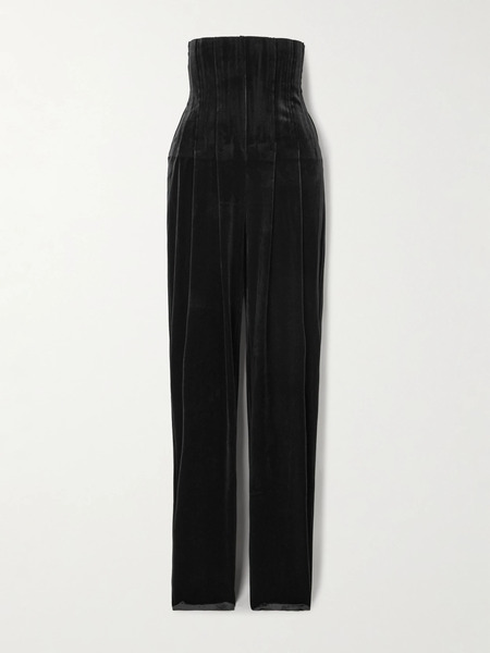  Norma Kamali Norma Kamali - Pleated Velvet Straight-leg Pants - Black 