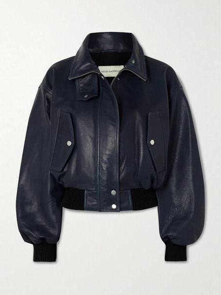  Nour Hammour Nour Hammour - Briar Cropped Leather Bomber Jacket - Navy 