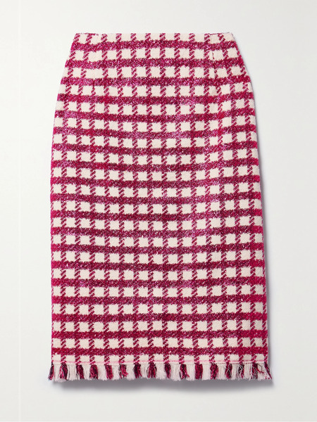  Oscar De La Renta Oscar De La Renta - Frayed Checked Metallic Wool-blend Tweed Skirt - Magenta 
