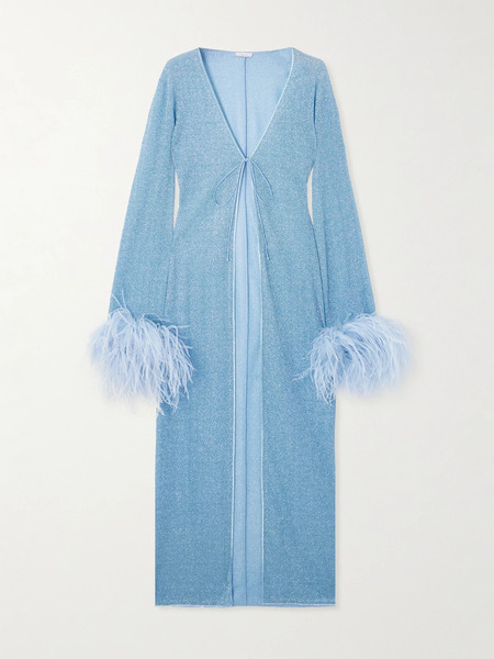  Oséree Oséree - Lumière Feather-trimmed Metallic Stretch Coverup - Light Blue 