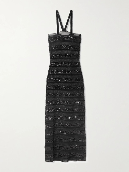  Oséree Oséree - Sequin-embellished Striped Stretch-tulle Maxi Dress - Black 