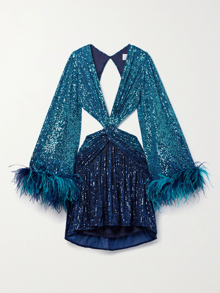  Patbo Patbo - + Alessandra Ambrosio Cutout Feather-trimmed Sequined Tulle Mini Dress - Blue 