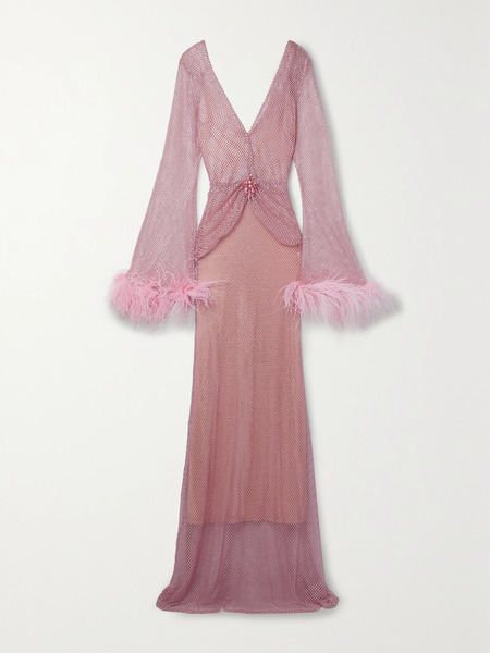  Patbo Patbo - Feather-trimmed Crystal-embellished Mesh Maxi Dress - Pink 