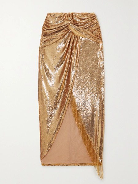  Patbo Patbo - Fringed Draped Sequined Satin Midi Skirt - Gold 