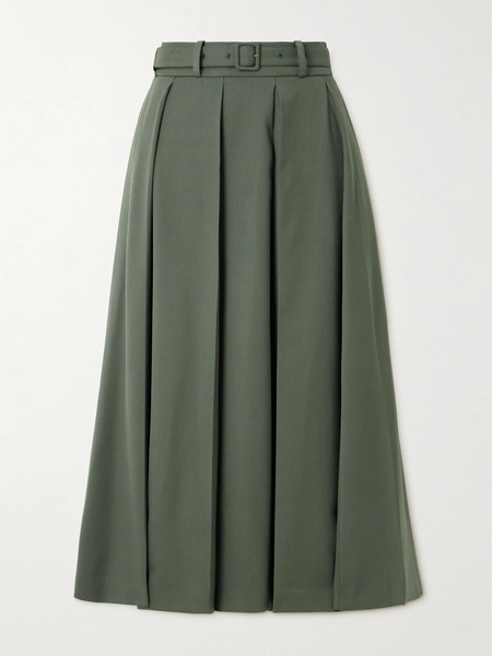  Patou Patou - Belted Pleated Stretch-wool Twill Midi Skirt - Green 