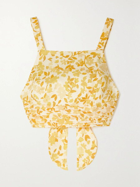  Peony Peony - + Net Sustain Cropped Open-back Floral-print Linen Top - Yellow 